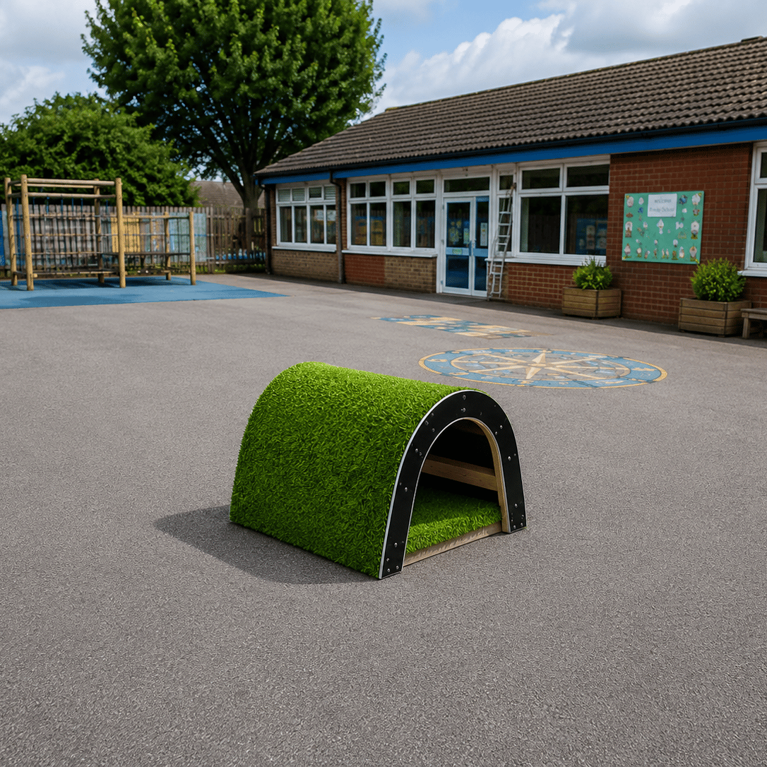 A render of the Crawl Tunnel Block, on a school playground background with a shadow.