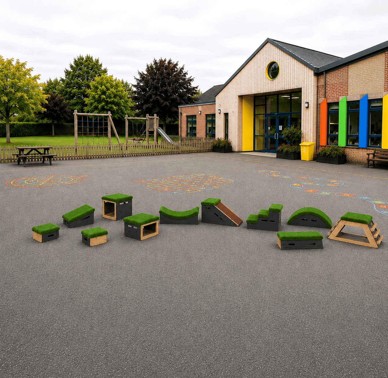 A 3D visualisation of the Mendips Set, placed on a playground.