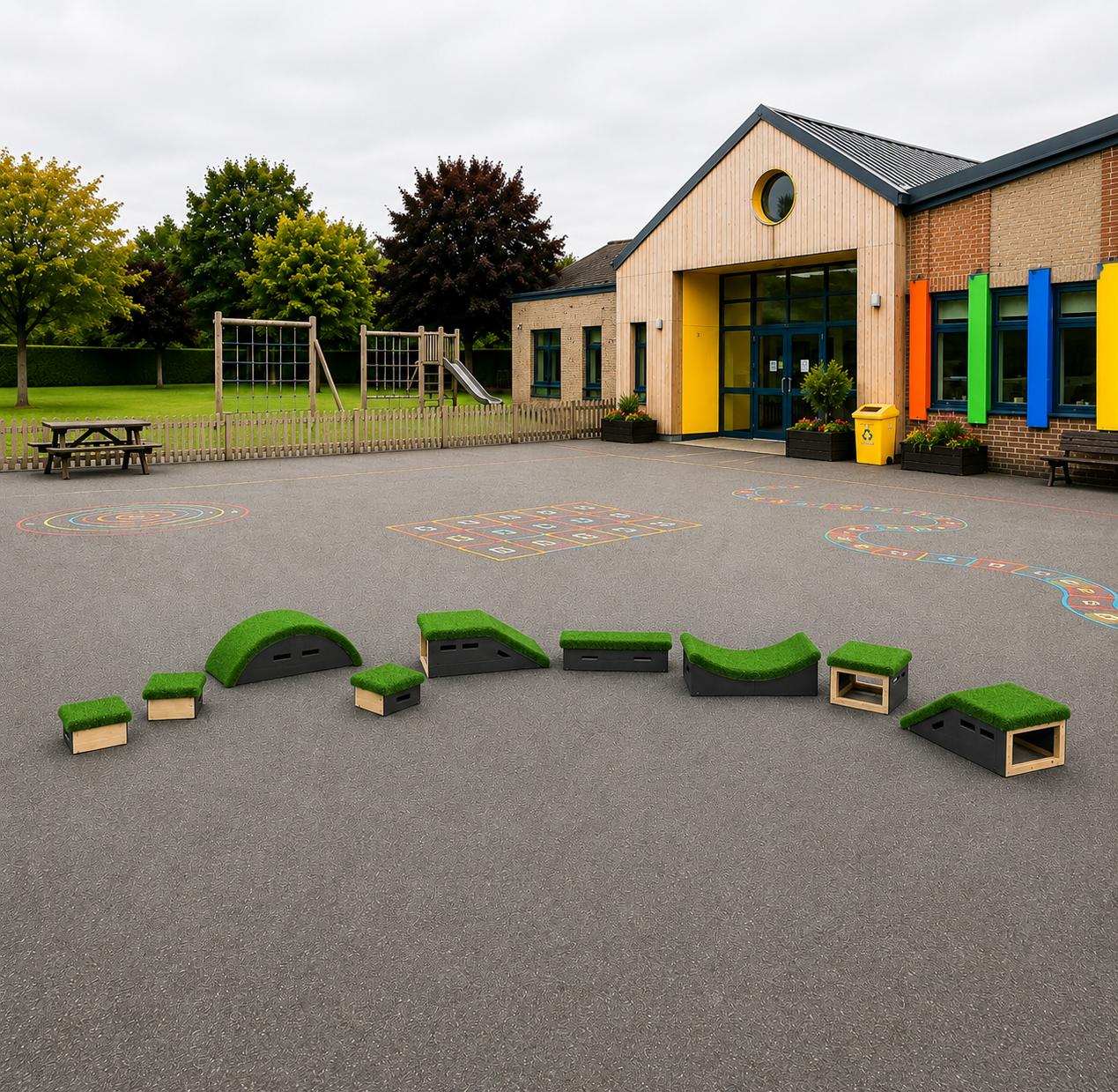 The blocks featured in the Get Set Go Pennine Set are laid out in a line to showcase the different shapes.