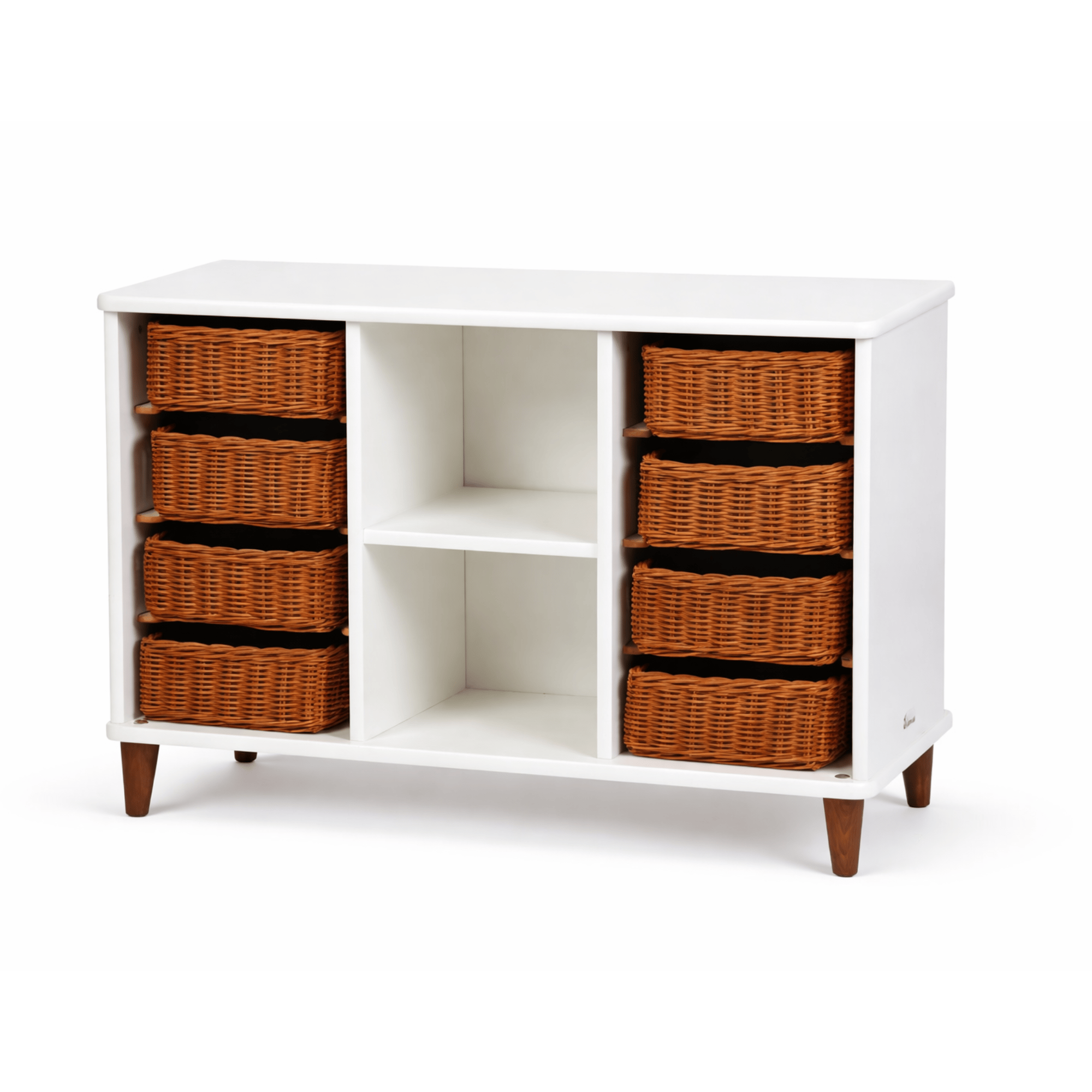 millhouse white storage unit with eight rattan baskets and two cubed shelves
