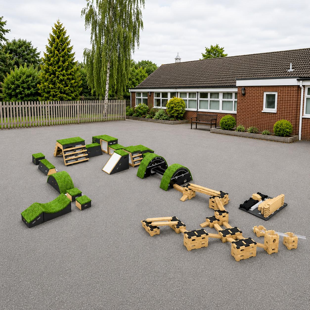 Render image of the Sports Premium Ultimate Balance and Coordination Package on a school playground.