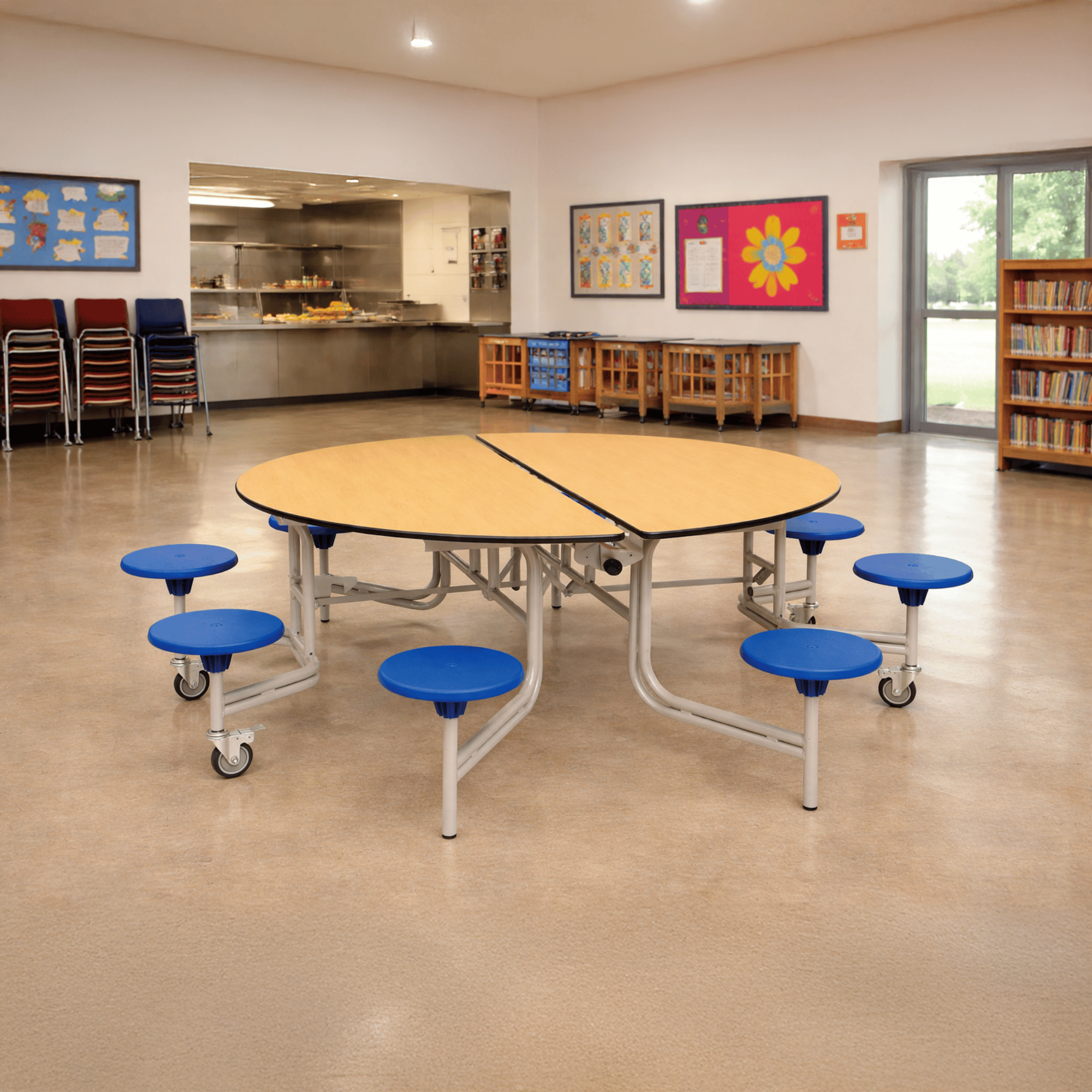 A Spaceright 8 seater table that has been placed within a school canteen.