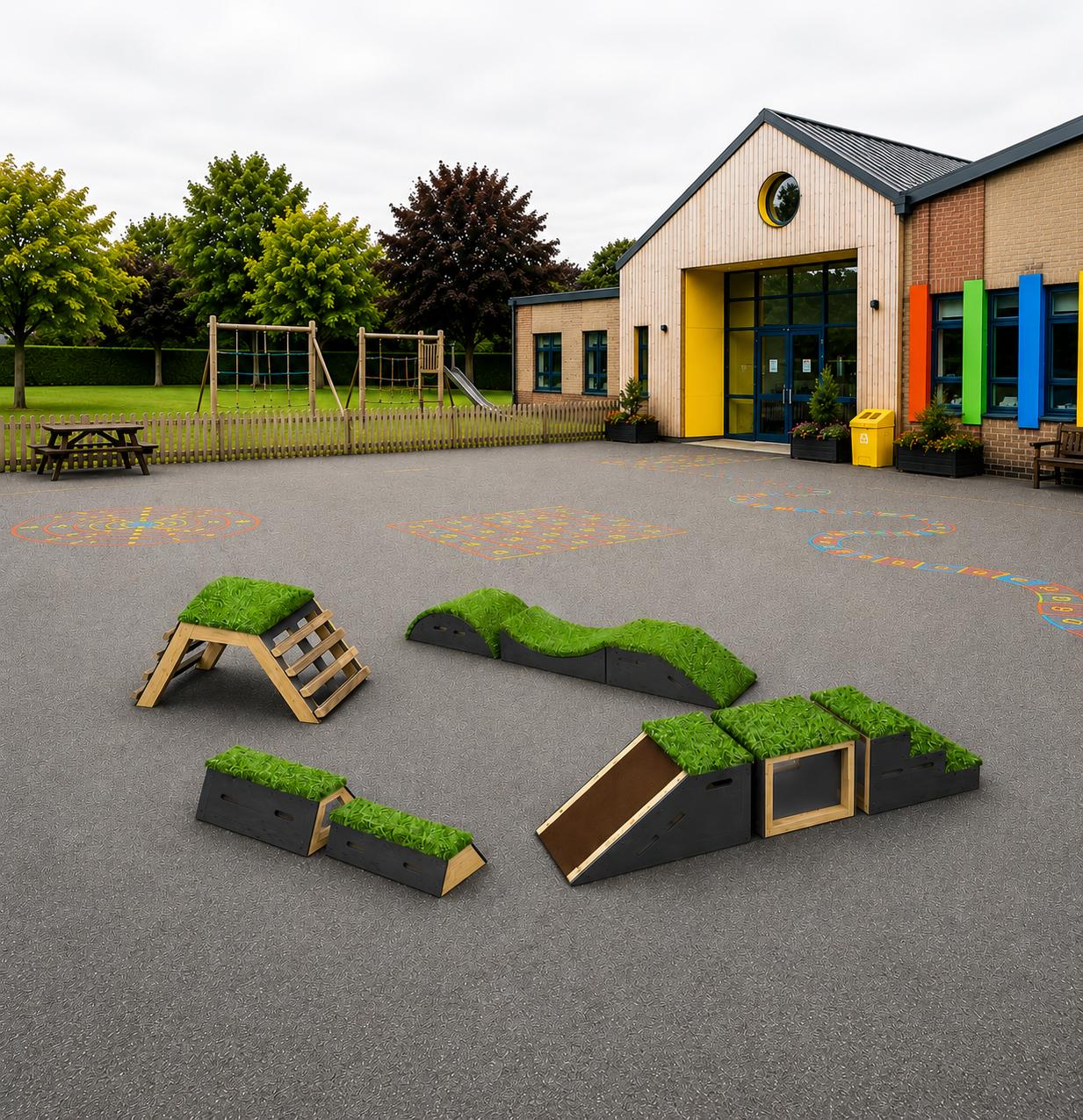 A 3D visualisation of the occupational therapy blocks, on a school playground.