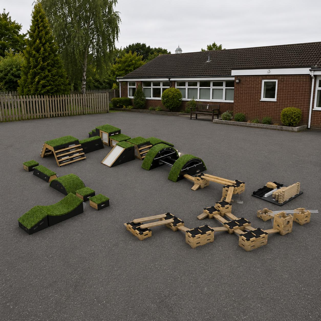 Render image of the Sports Premium Ultimate Balance and Coordination Package on a school playground.