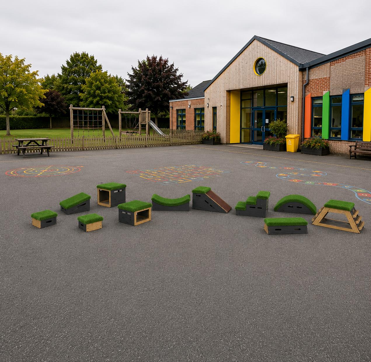 A 3D visualisation of the Mendips Set, placed on a playground.