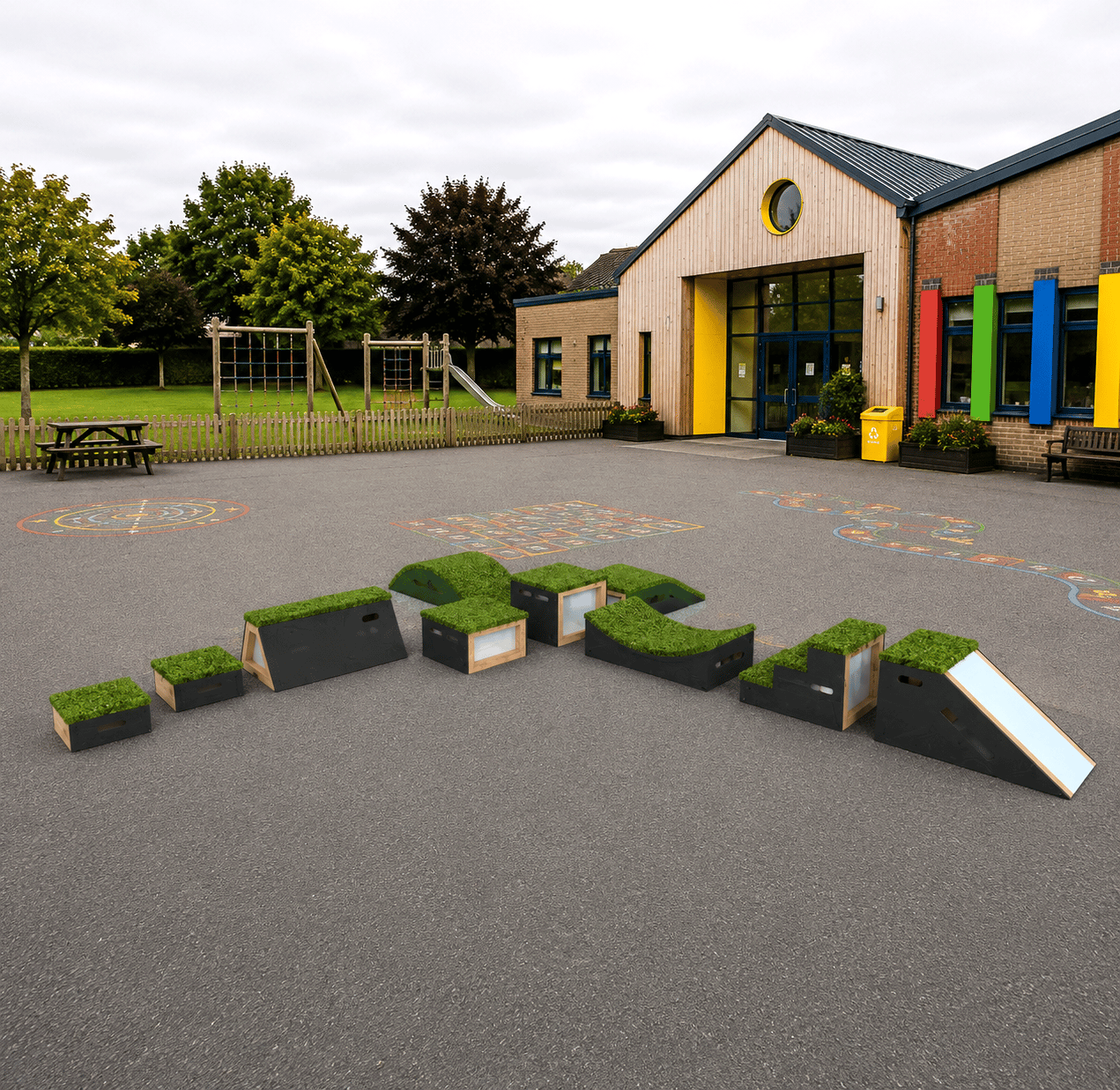 A 3D render showcasing all of the different types of blocks that are included with the "Get Set, Go! Blocks - The Snowdonia Set".
