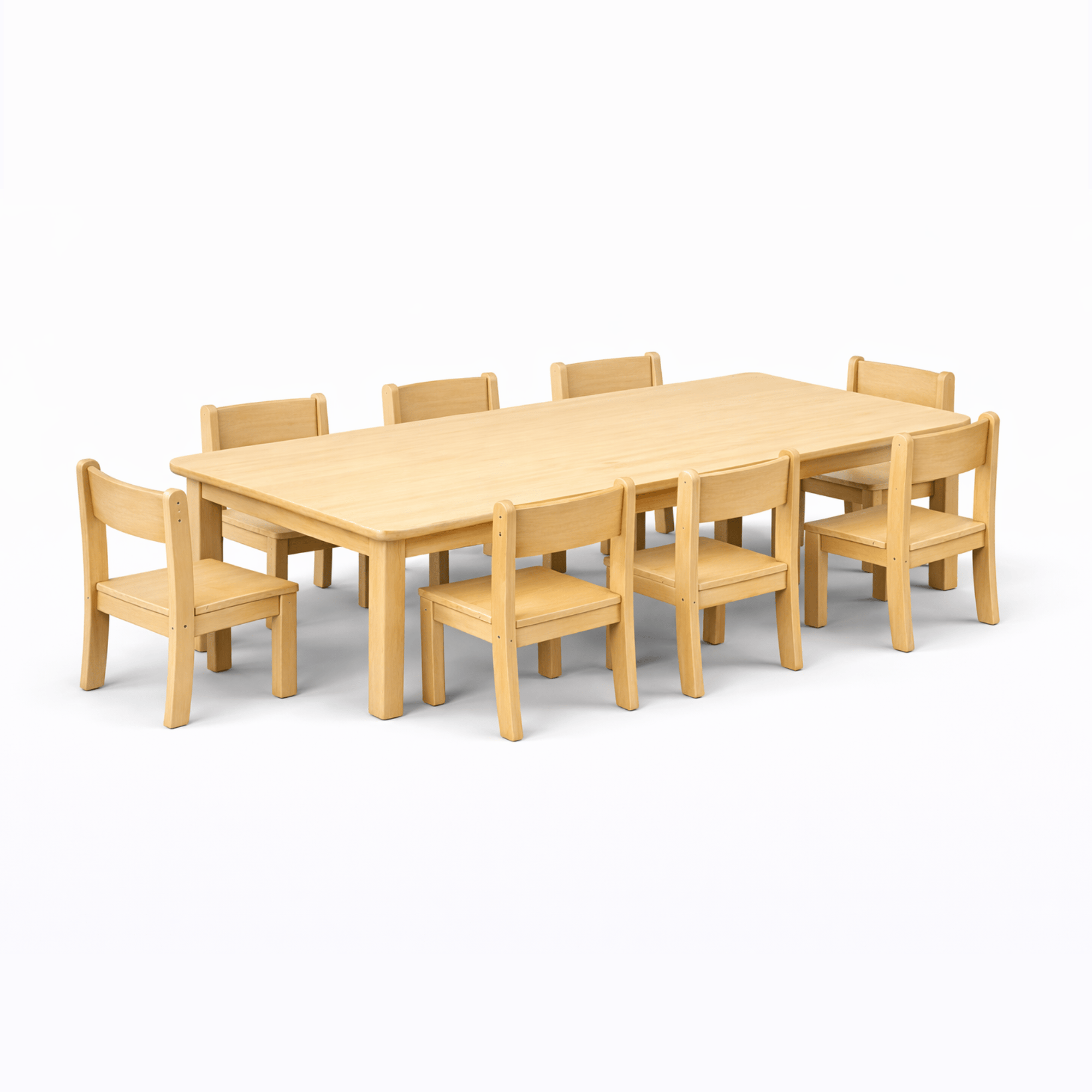 A 3D Visualisation of the Millhouse Large Rectangular Table + 8 Beech Stacking Chairs (H260mm).