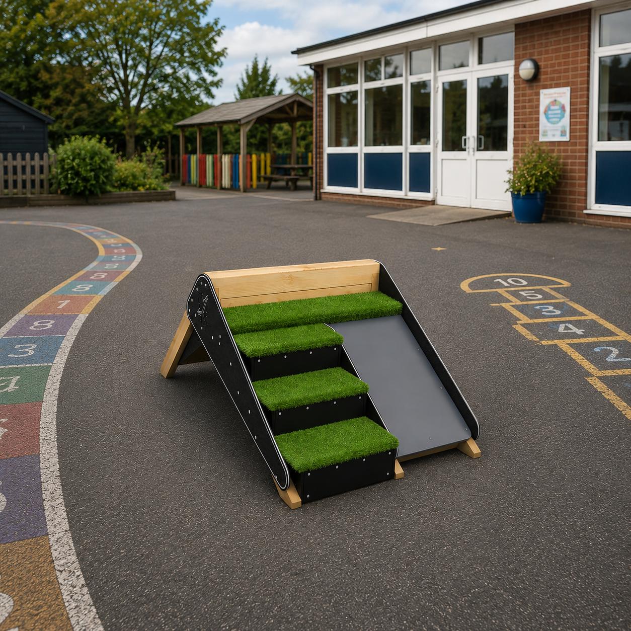 A visualisation of the A-frame climber placed on a school playground.