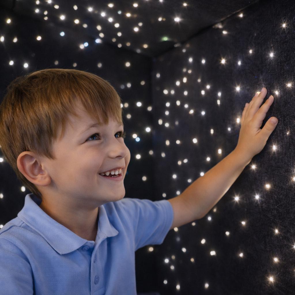 A smiling boy is looking at the wall filled with LED lights.