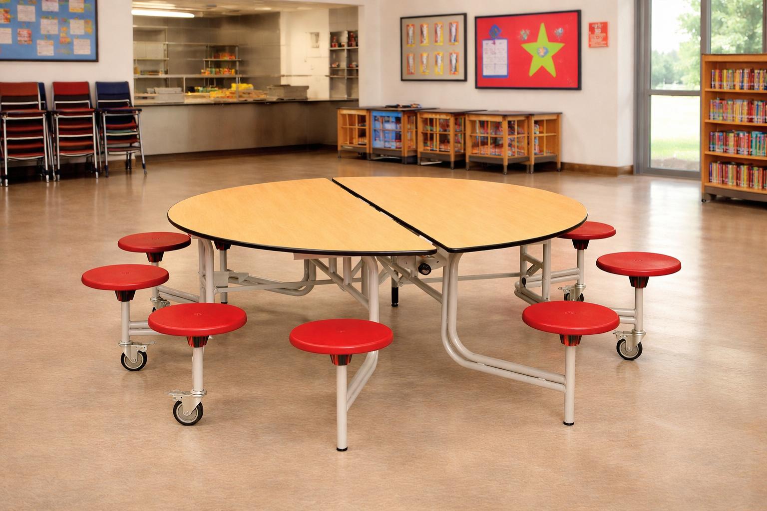 A Spaceright 8 seater table that has been placed within a school canteen.
