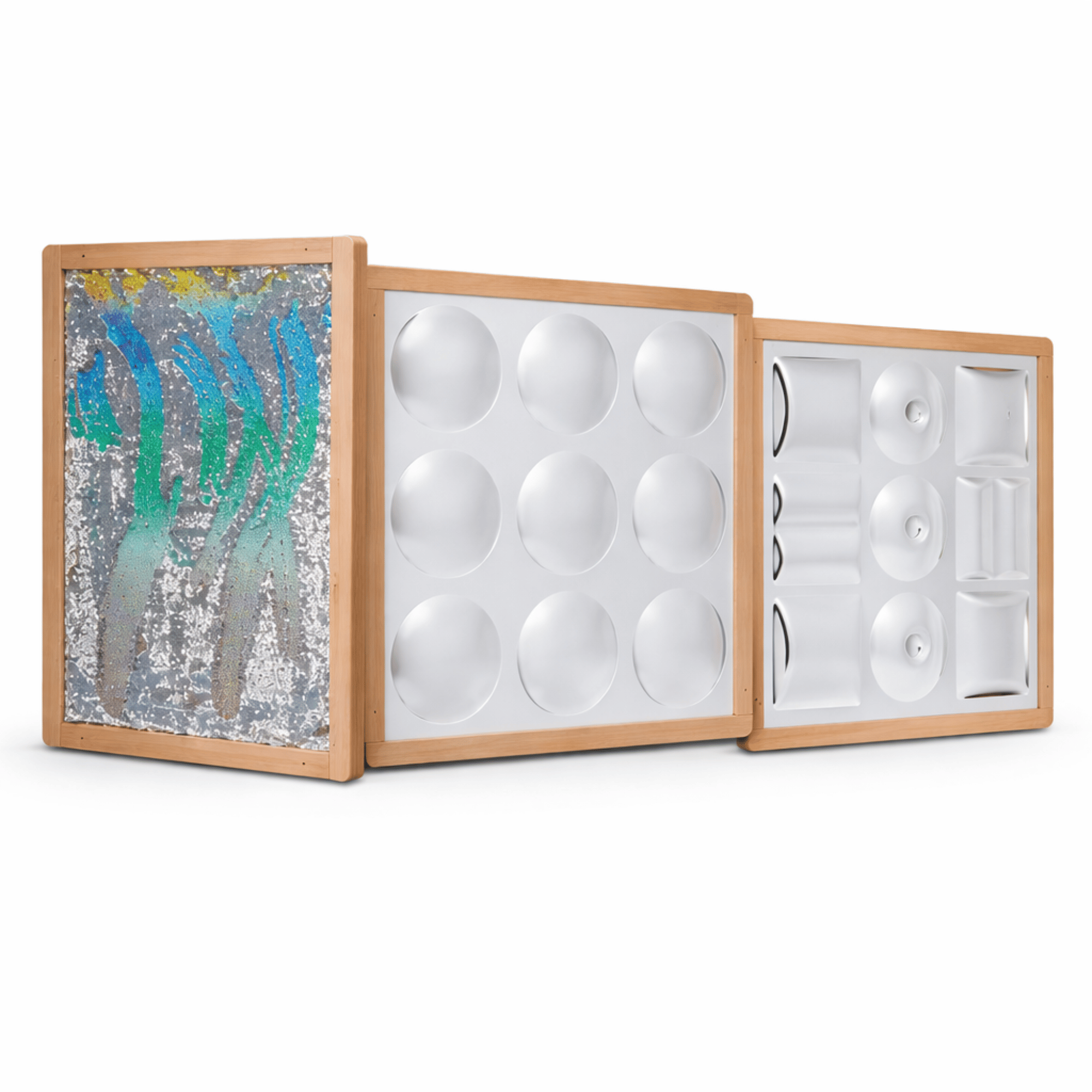 A 3D visualisation of the three sensory wall panels that are included in the Sensory Wall Trio package.