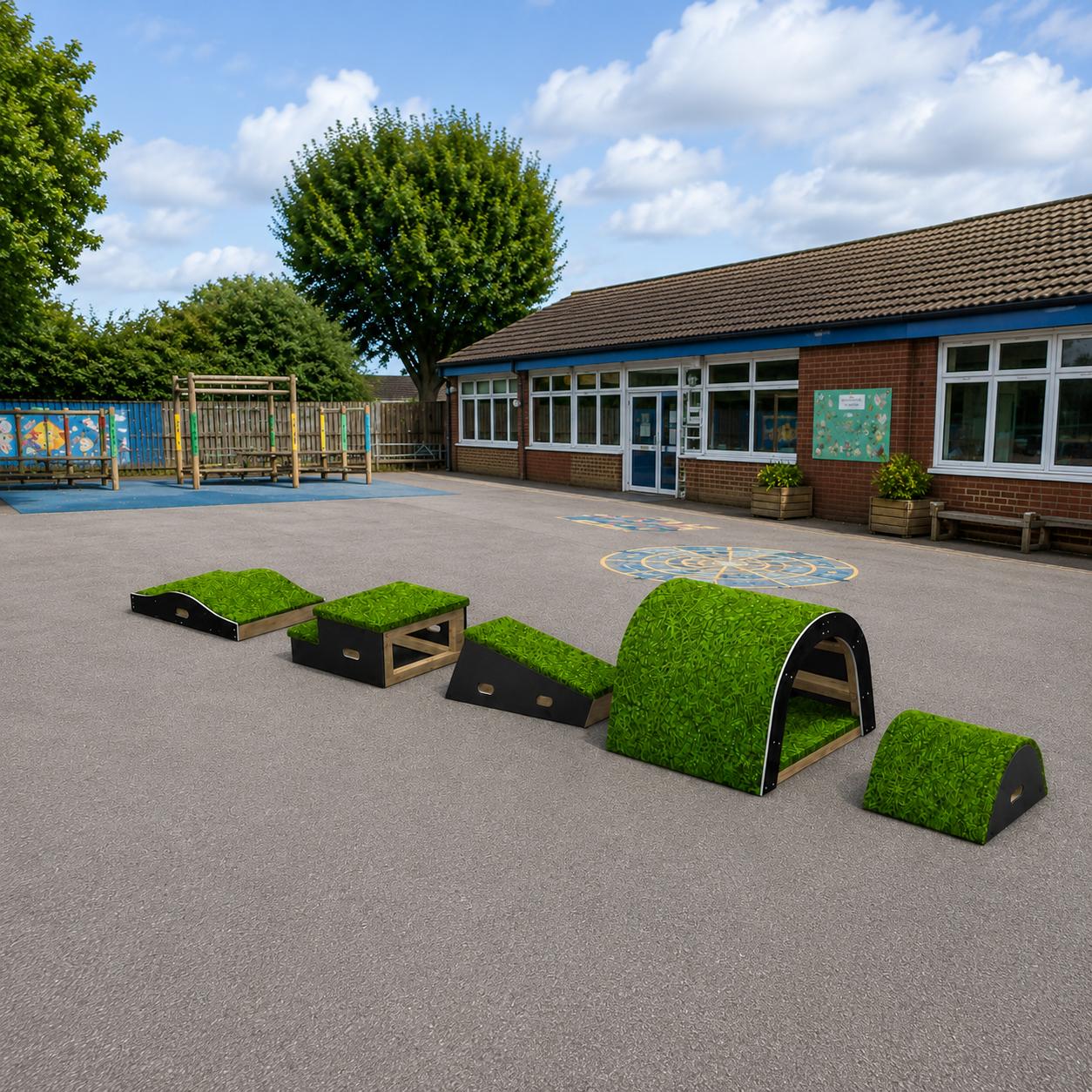 A render of the Get Set, Go! Blocks - Next Steps package, with it being placed on a school playground.