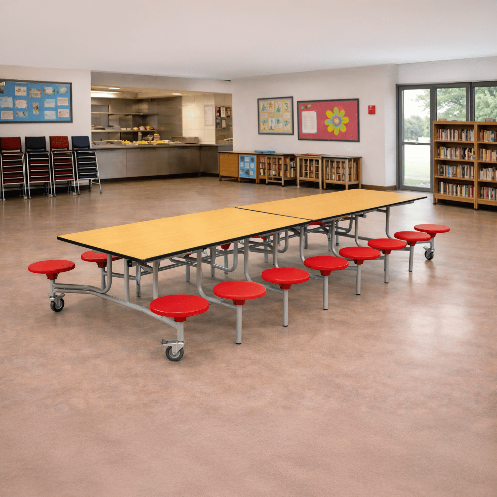 a dining table in a school canteen