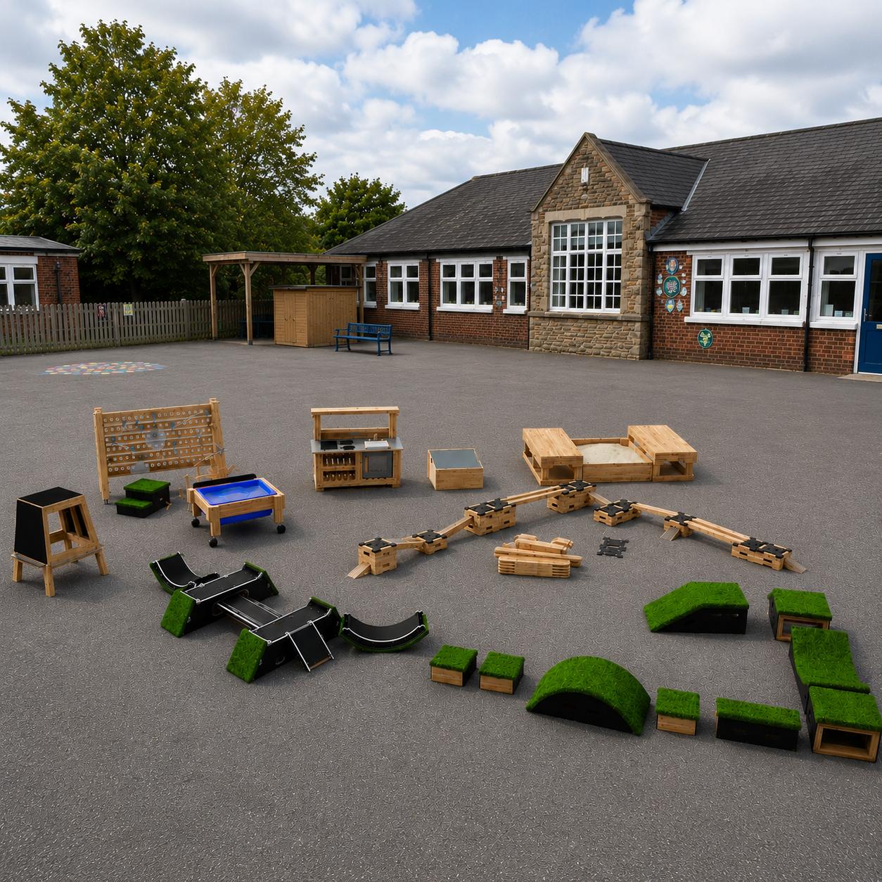 An image of the EYFS Freestanding Package placed on a tarmac playground, in front of a school.