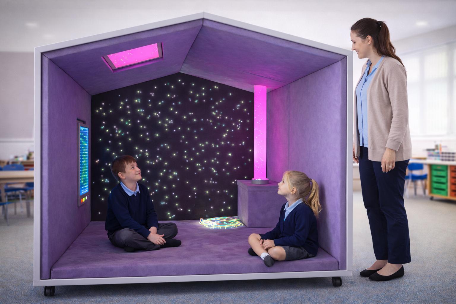 A photo of a sensory nook with sparkling lights that two children are looking at. A teacher is stood by the side of the nook.